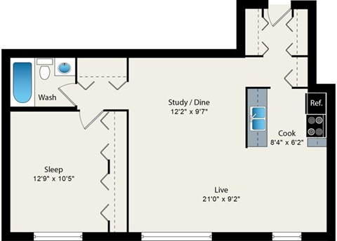 Floor plan for 1 bed, 1 bath, 666 sqft